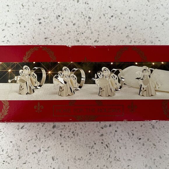 4 Vintage Angel Napkin Rings Trumpet Cymbals Candle Book Silver Plated in Box - Picture 2 of 8
